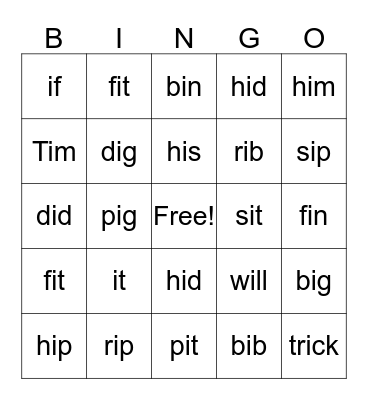 Short i Bingo Card