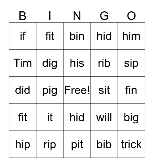 Short i Bingo Card