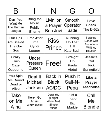 80s Songs Bingo Card