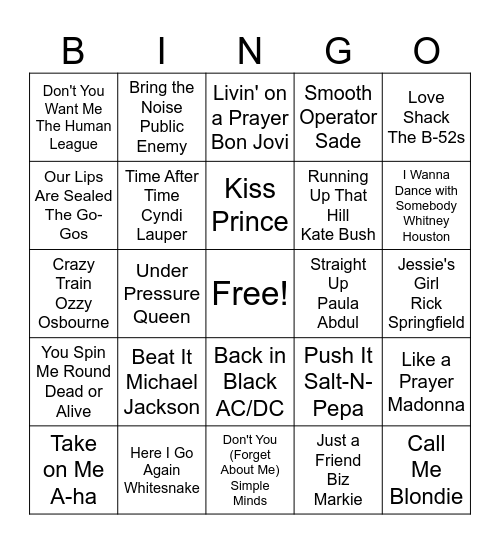 80s Songs Bingo Card