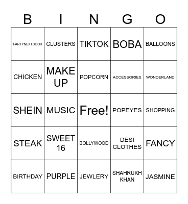 Eshal's Sweet 16 Bingo Card