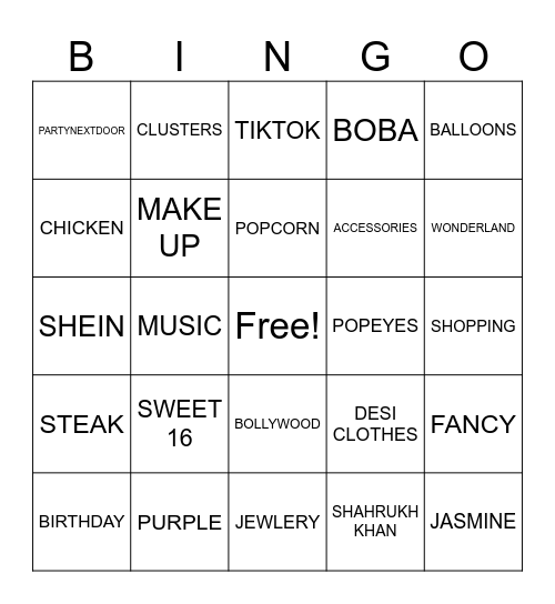 Eshal's Sweet 16 Bingo Card