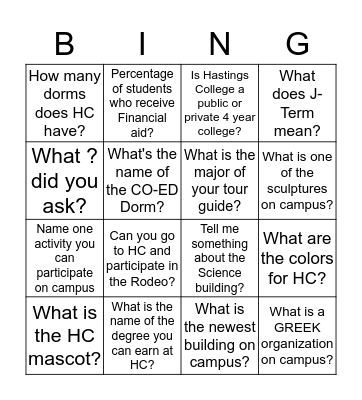Hastings College Bingo Card