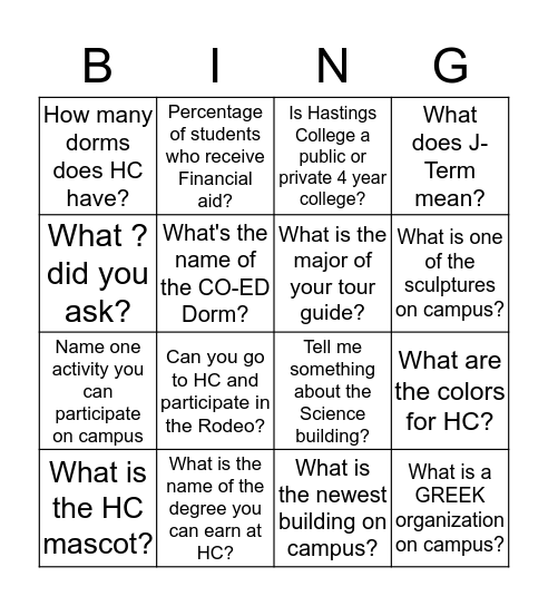 Hastings College Bingo Card