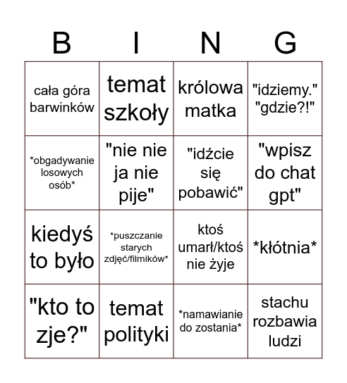 family time bingo Card