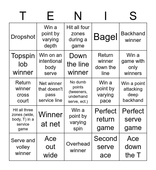 Tennis Singles Bingo Card