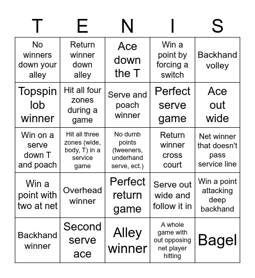Tennis Doubles Bingo Card