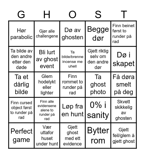 Phasmo bingo Card