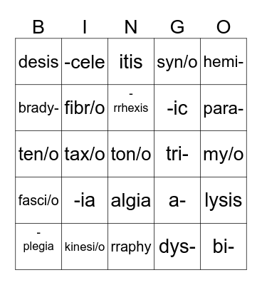 Ch 4 Word Roots Bingo Card