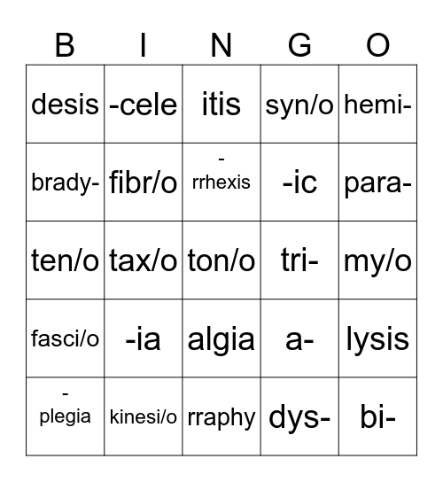 Ch 4 Word Roots Bingo Card