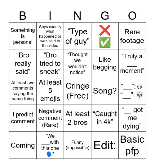 Youtube shorts comments Bingo Card