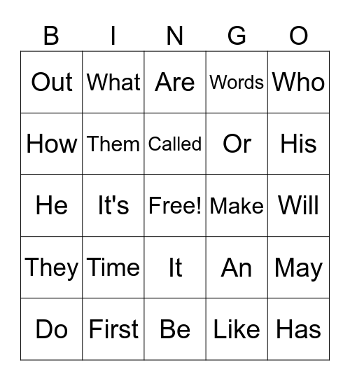 Words Bingo Card
