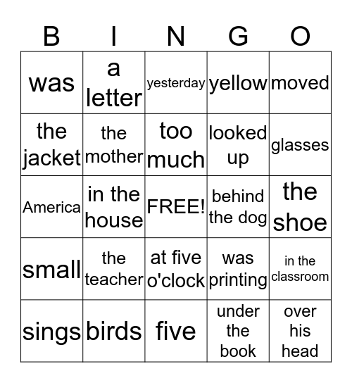 English Grammar Bingo Card