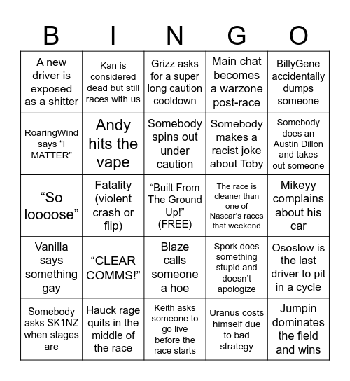 VRA Cup/Espresso Series Bingo Card