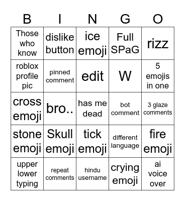 Brainrot comments Bingo Card