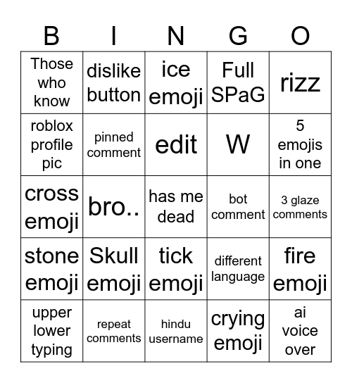 Brainrot comments Bingo Card