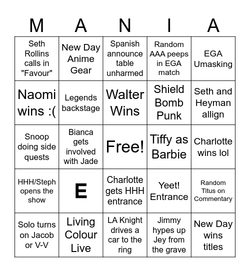 Mania Night 1 Bingo Card