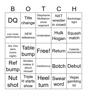 Wrestlemania Bingo Card
