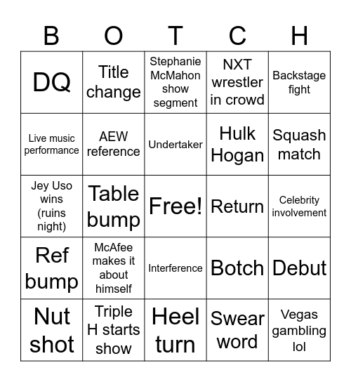 Wrestlemania Bingo Card