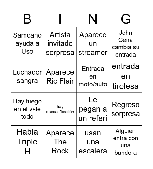 Wrestlemania Bingo Card