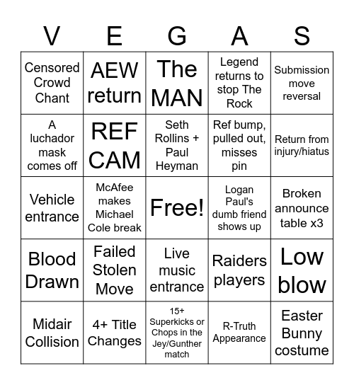 Wrestlemania Bingo Card