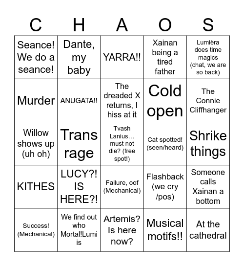 Transplanar CHAOS A3 E27-28 Bingo Card