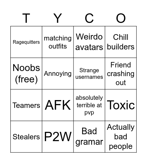 Roblox tycoon Bingo Card