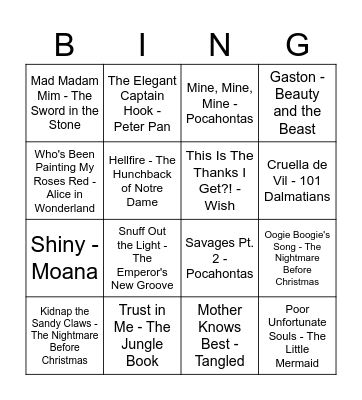 Disney Villain Music Bingo Card