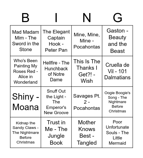 Disney Villain Music Bingo Card