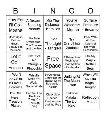 Disney Music Bingo Card