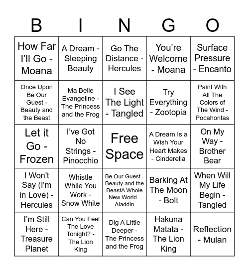Disney Music Bingo Card