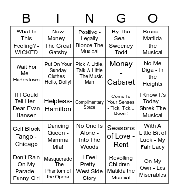 Broadway Music Bingo Card