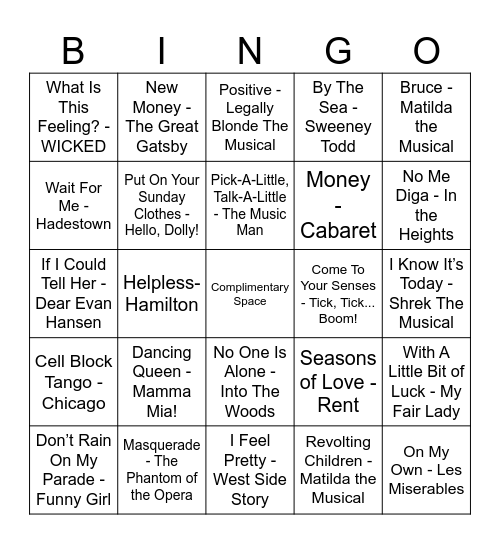 Broadway Music Bingo Card