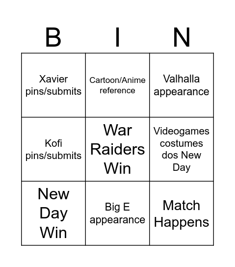 New Day vs War Raiders Bingo Card