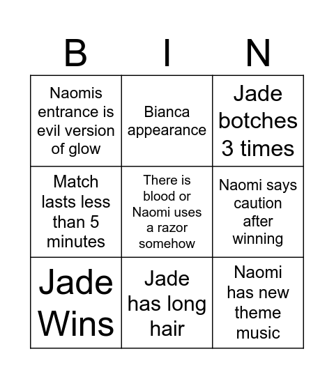 Jade vs Naomi Bingo Card