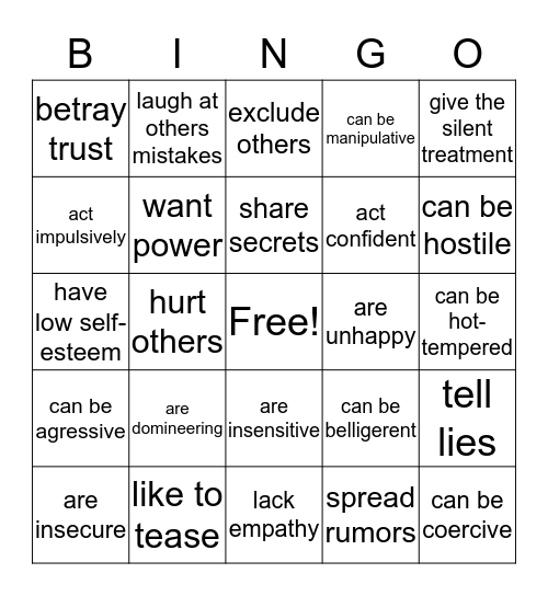 BULLIES Bingo Card