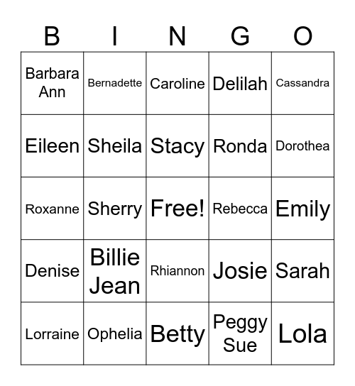 Girl's Names Music Bingo Card