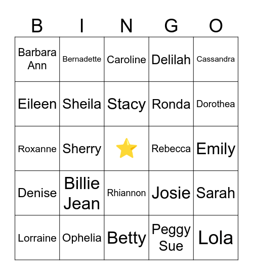Girl's Names Music Bingo Card