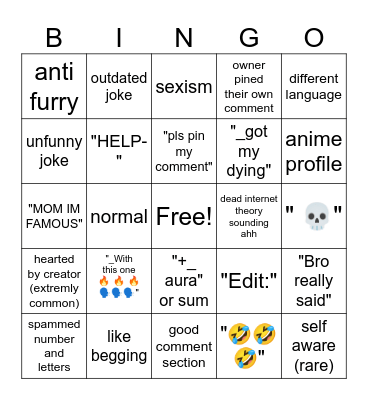 YouTube shorts comments Bingo Card