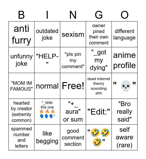 YouTube shorts comments Bingo Card