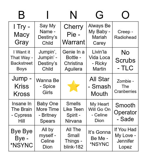 90s Hits Music Bingo Card