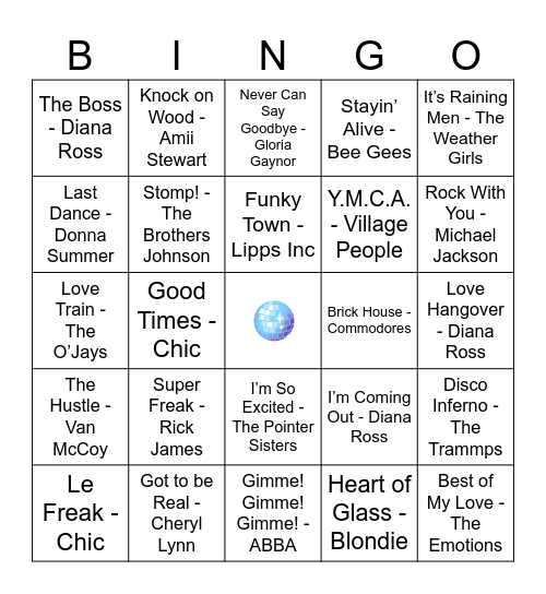 DISCO Music Bingo Card