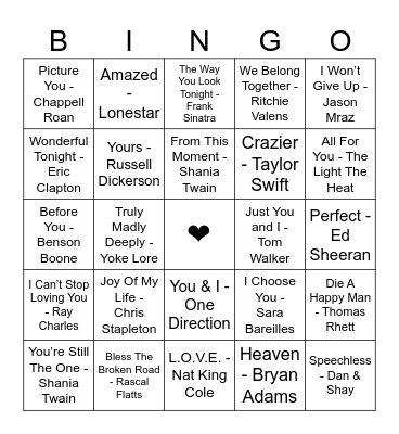 Love Song Music Bingo Card