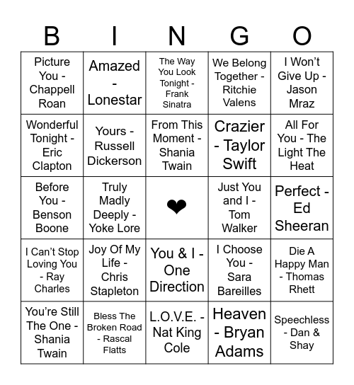 Love Song Music Bingo Card