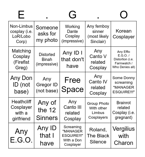 Limbus Bingo Card