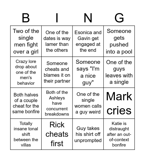 2 Temptation 2 Island Bingo Card