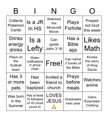 High School Bingo Card