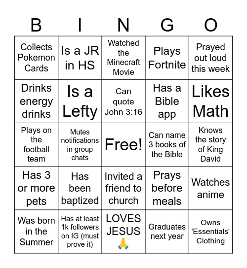 High School Bingo Card
