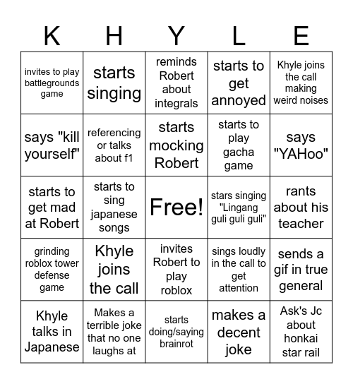 Khyle Bingo Card