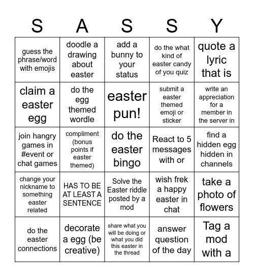 sassy society easter bingo Card